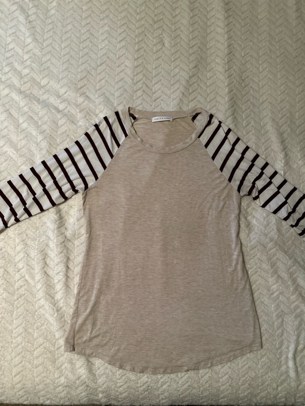 Beige Raglan Quarter Sleeve Tee with Burgundy Stripes Size Medium